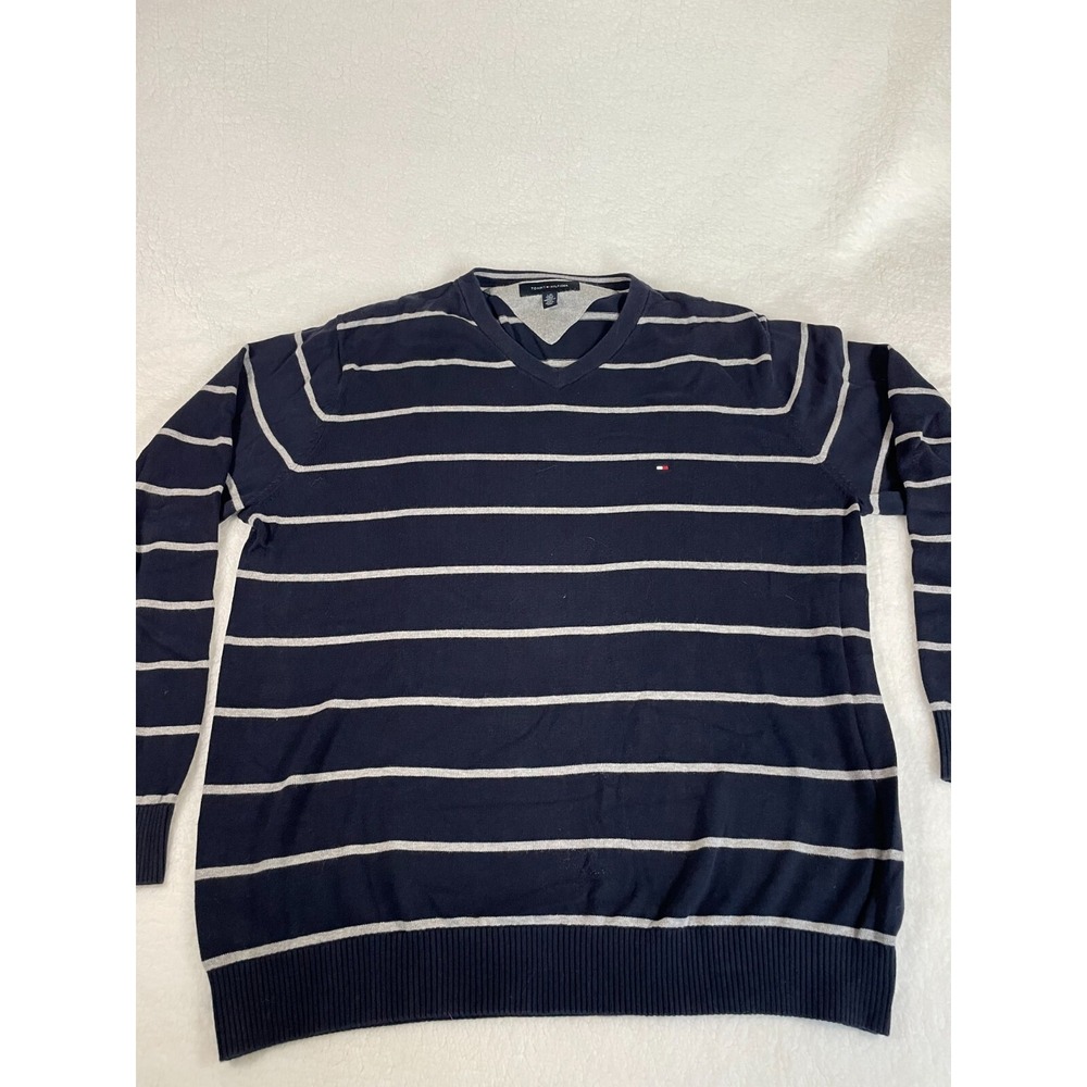 Title: Tommy Hilfiger Men's V-Neck Sweater Navy Blue with Gray Stripes